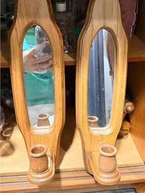 Wooden Wall Mirror Candle Sconces - Pair